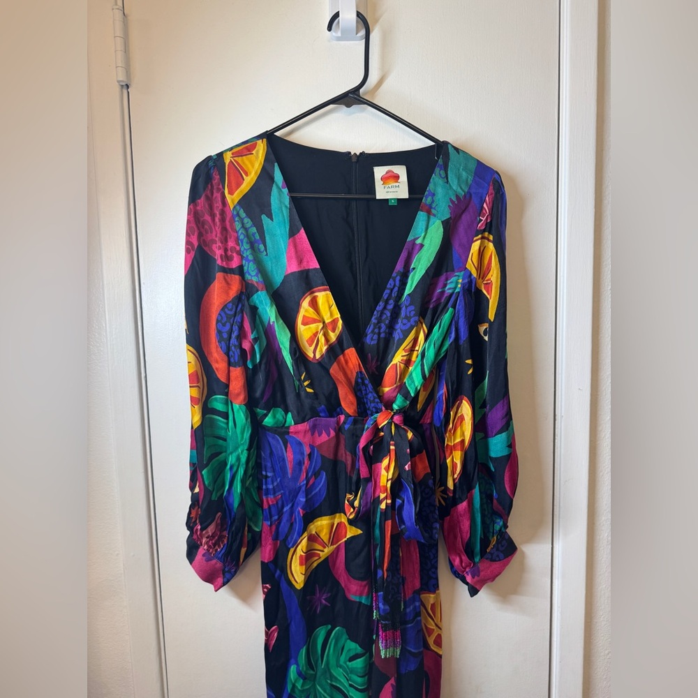 Farm Rio Mystic Jungle Fruit Tropical Boho Faux Wrap Black Jumpsuit Size Small - Picture 5 of 17